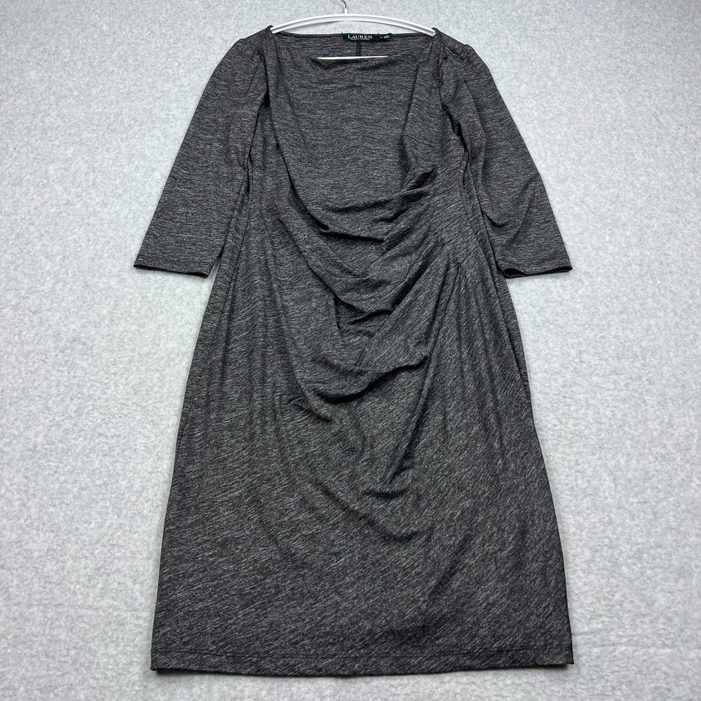Ralph Lauren Dress Women's 12 Gray Heather Ruched Jersey Sheath 3/4 Sleeve Midi